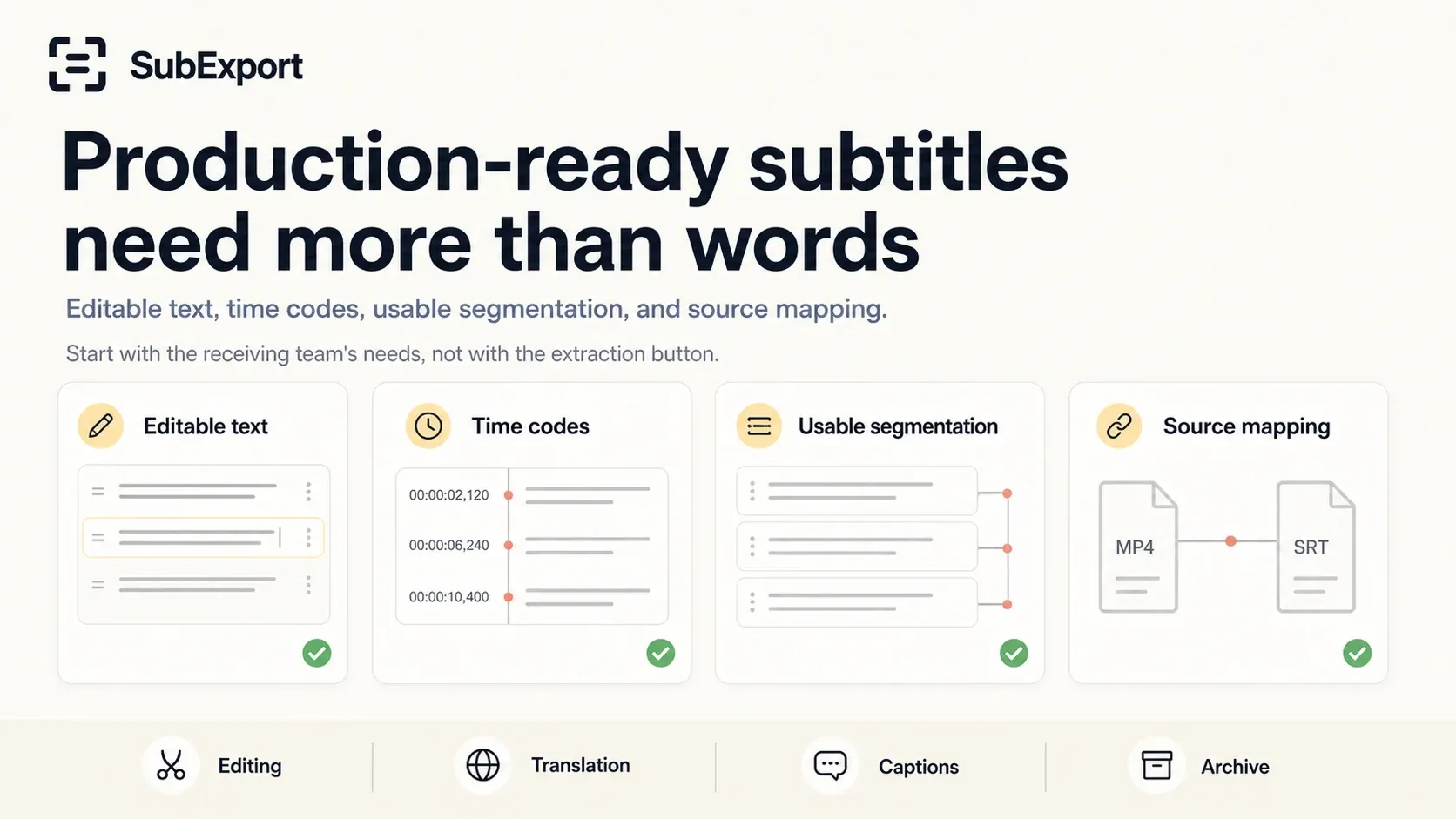 SubExport delivers source-mapped time-coded editable subtitle files against the original batch